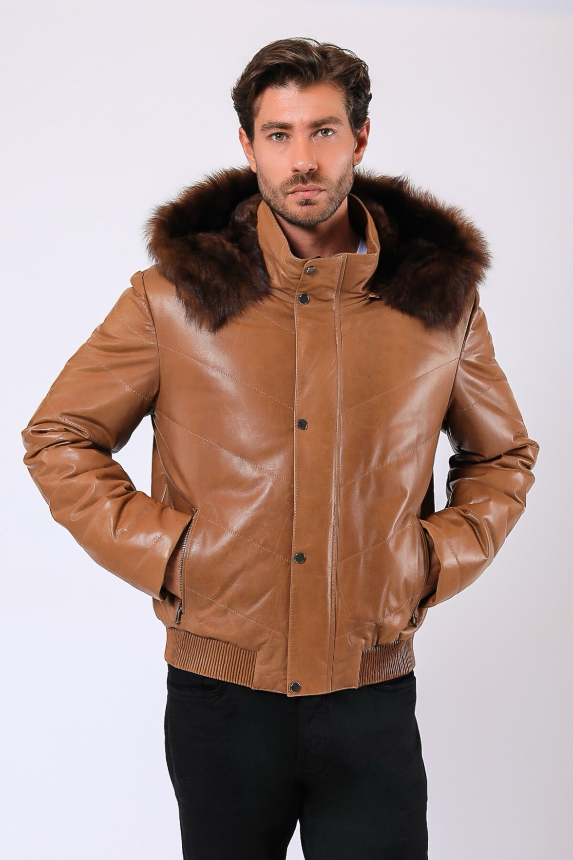 Jasnobrązowy płaszcz Pedro z prawdziwej skóry z wykończeniem z futra, LC Leather Club