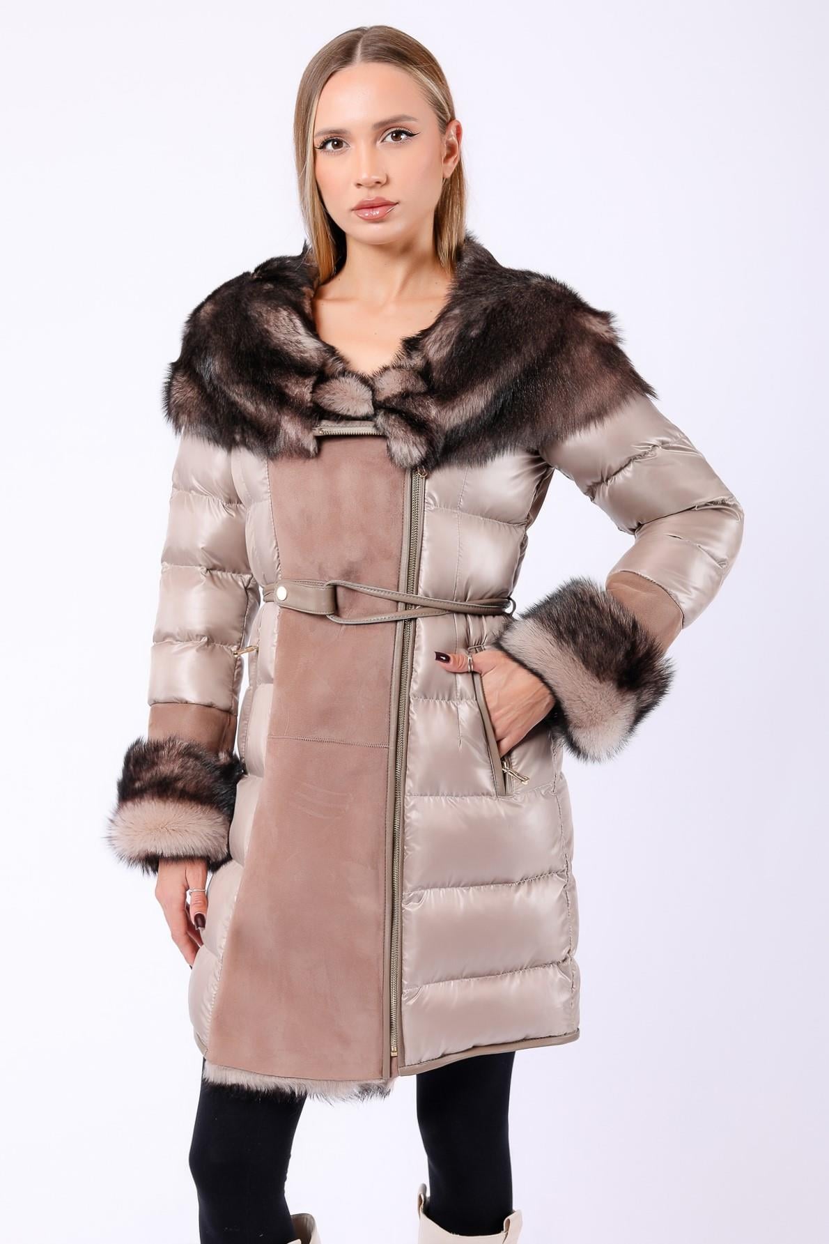 Manteau en daim et fourrure Toscana brun clair, LC Leather Club
