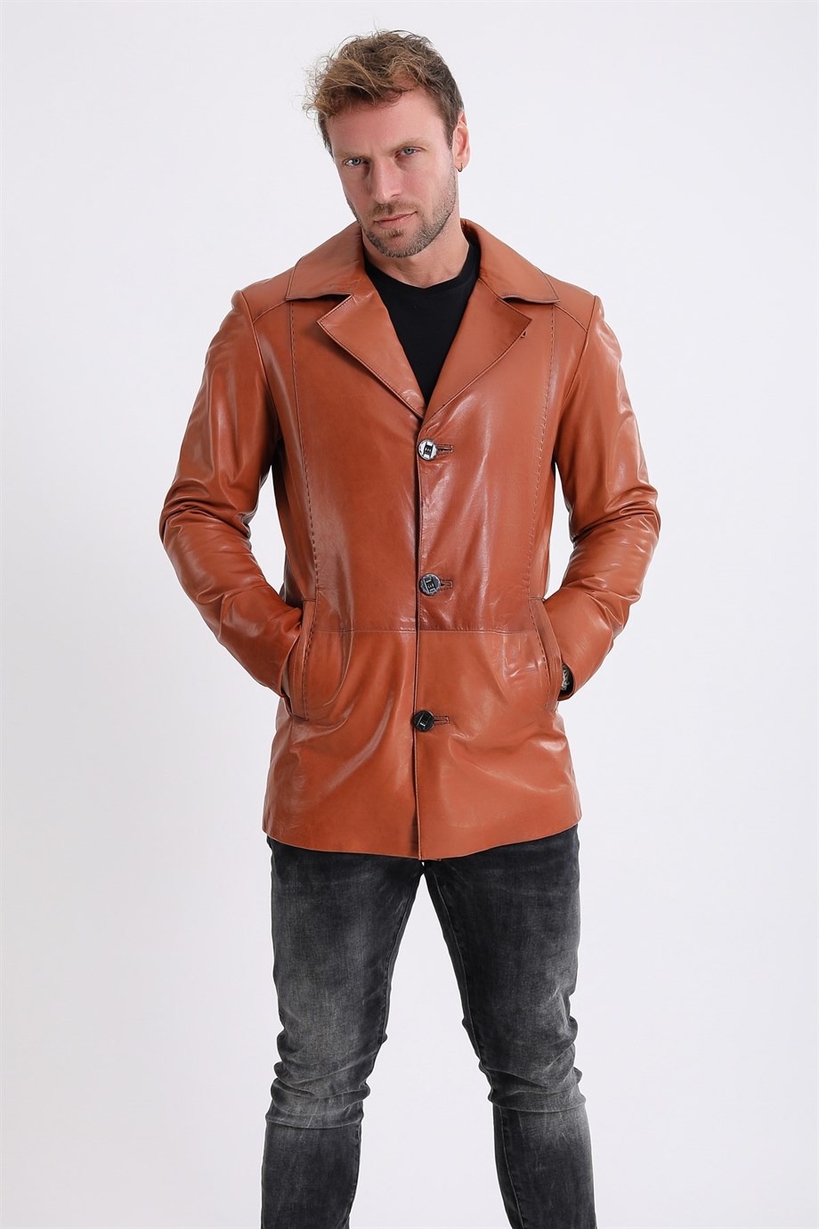 Manteau en cuir végétal brun clair, LC Leather Club