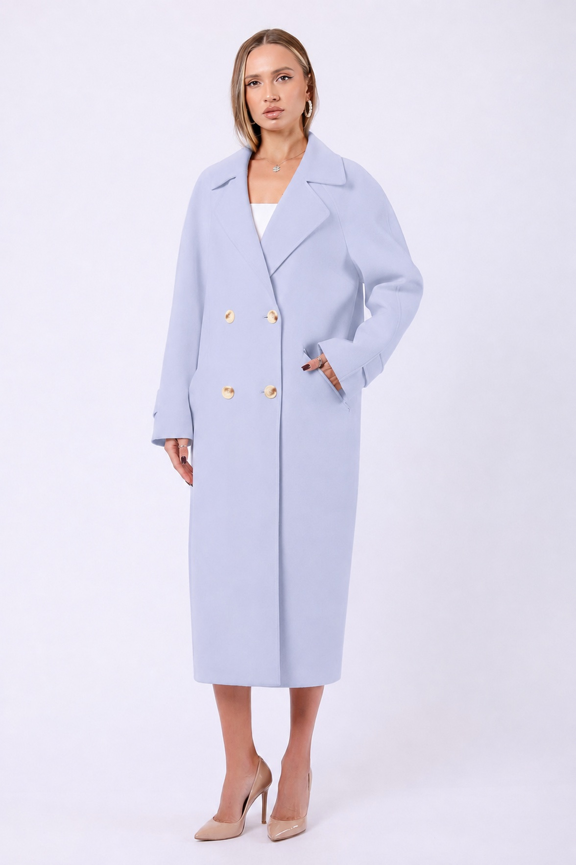 Manteau bleu clair en vrai cachemire, LC Leather Club