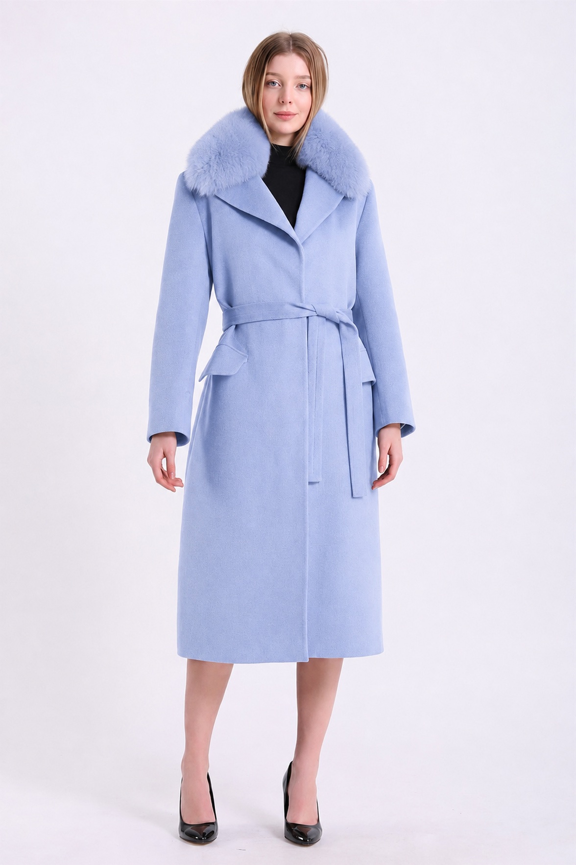 Manteau en cachemire bleu clair avec finitions en fourrure de renard, LC Leather Club