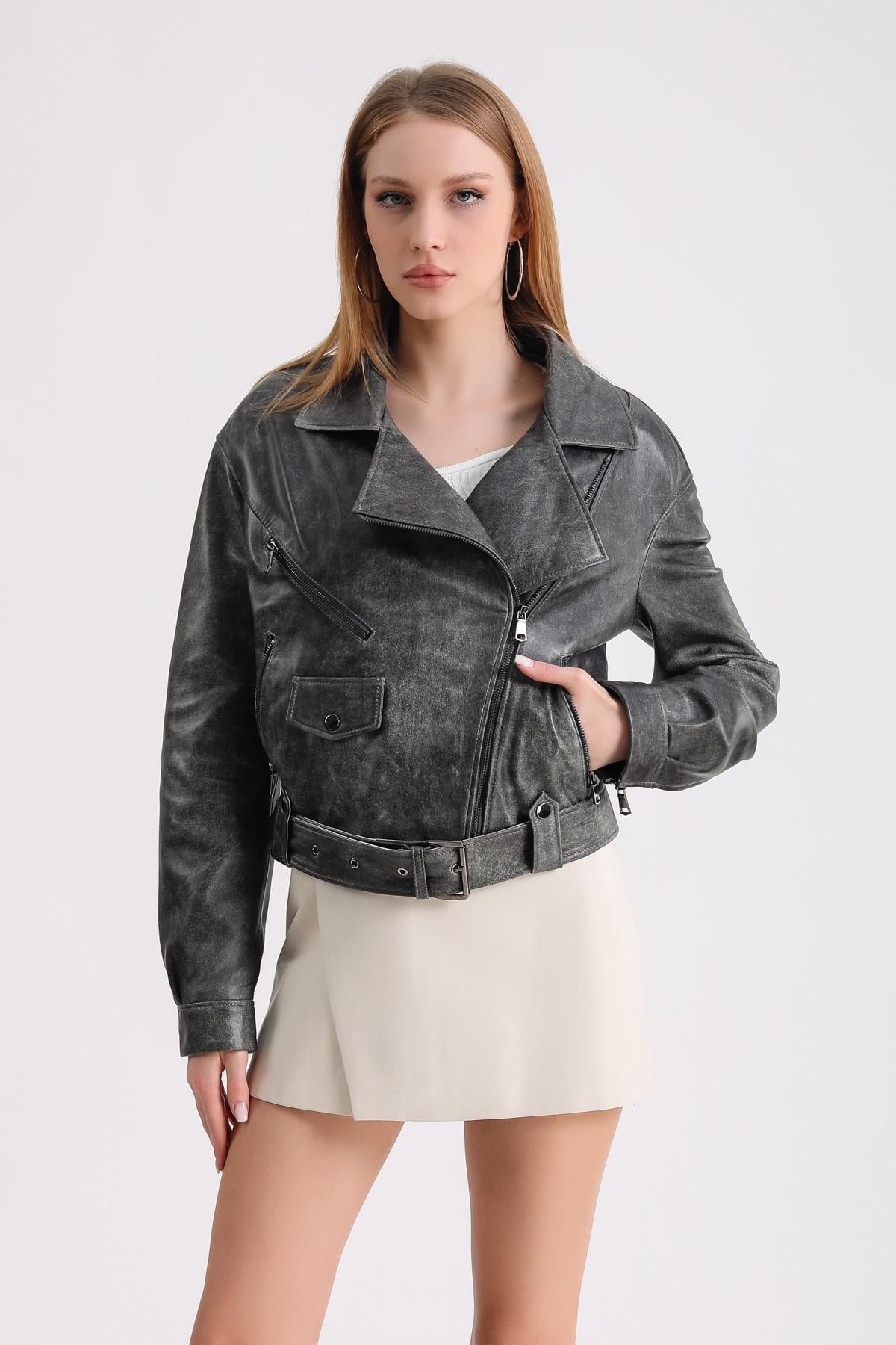Veste en cuir anthracite style biker oversize, LC Leather Club