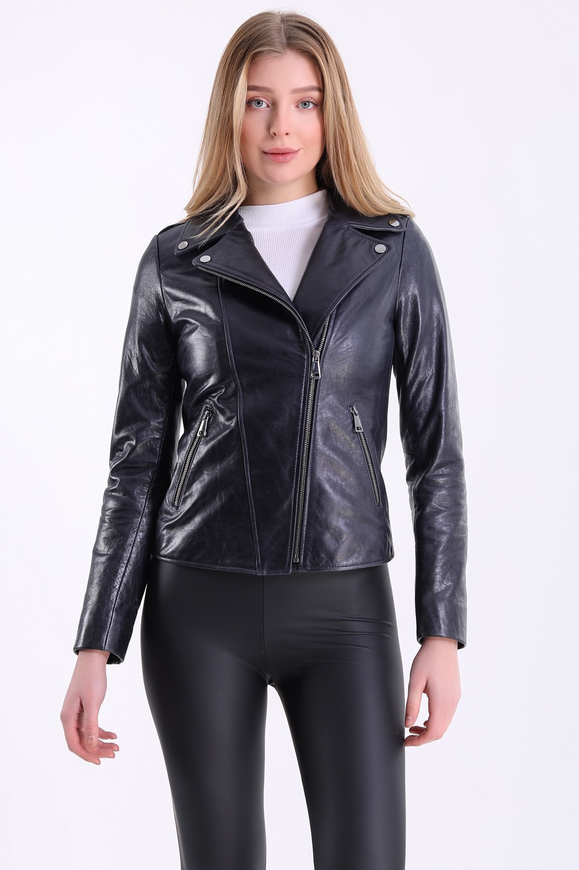 Antracytowa dwurzędowa skórzana kurtka, LC Leather Club