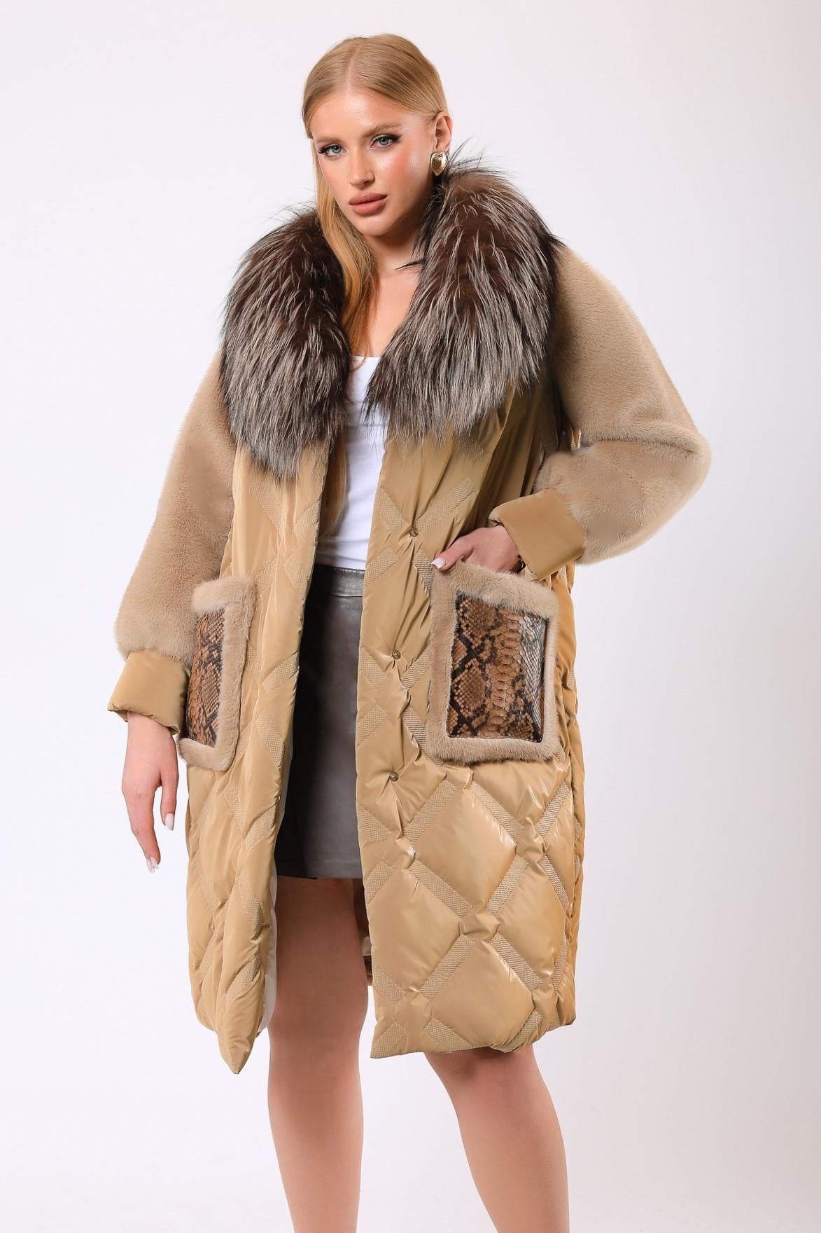 Doudoune Alexandra en laine beige avec garniture en fourrure, LC Leather Club