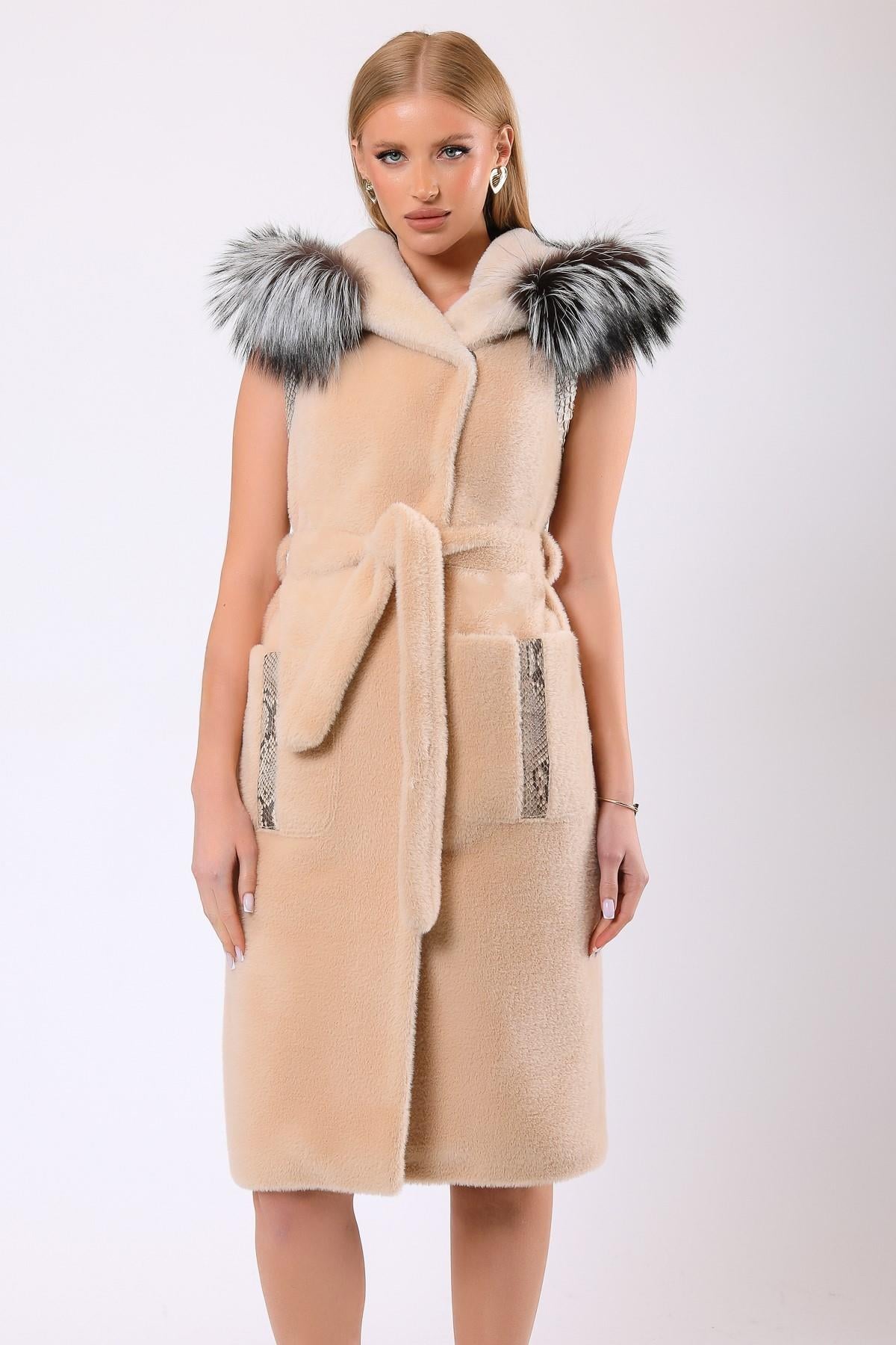 Manteau Angelina en laine beige avec garniture en fourrure, LC Leather Club