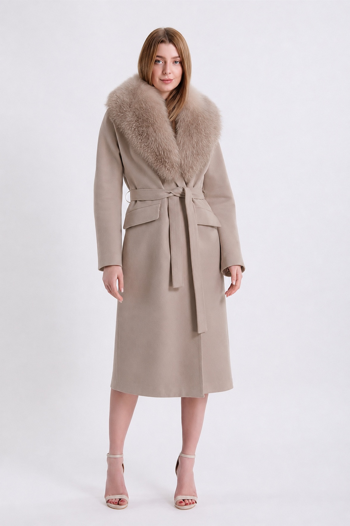 Beigefarbener Arjante Kaschmirmantel mit Fuchspelzbesatz, LC Leather Club