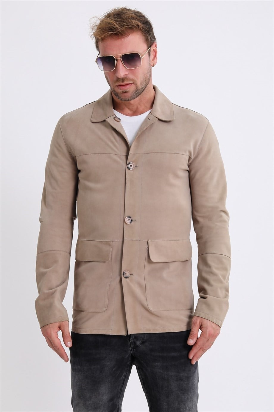 Veste réversible en daim et cuir beige, LC Leather Club