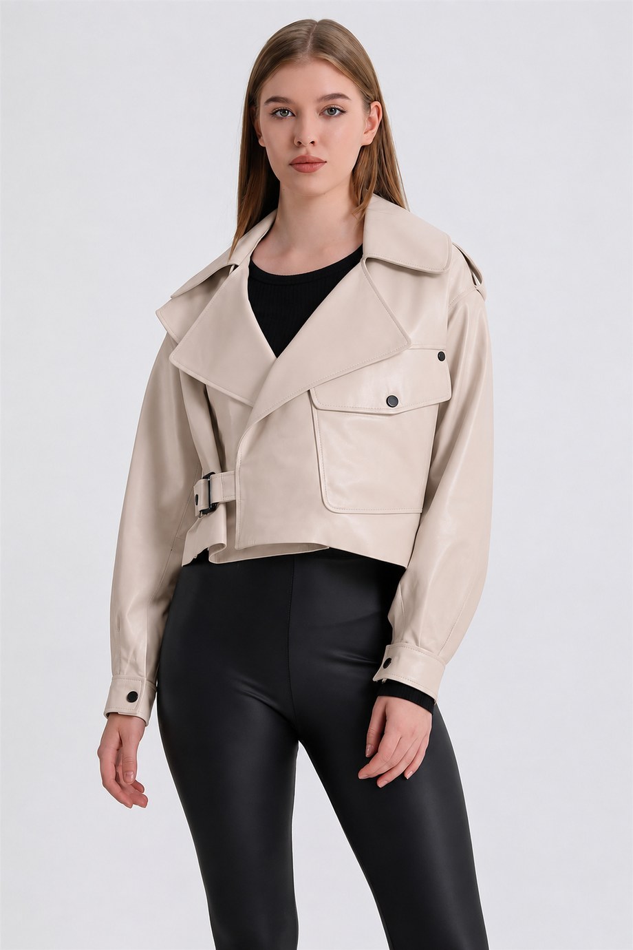 Bej Crop Oversize Deri Ceket, LC Leather Club