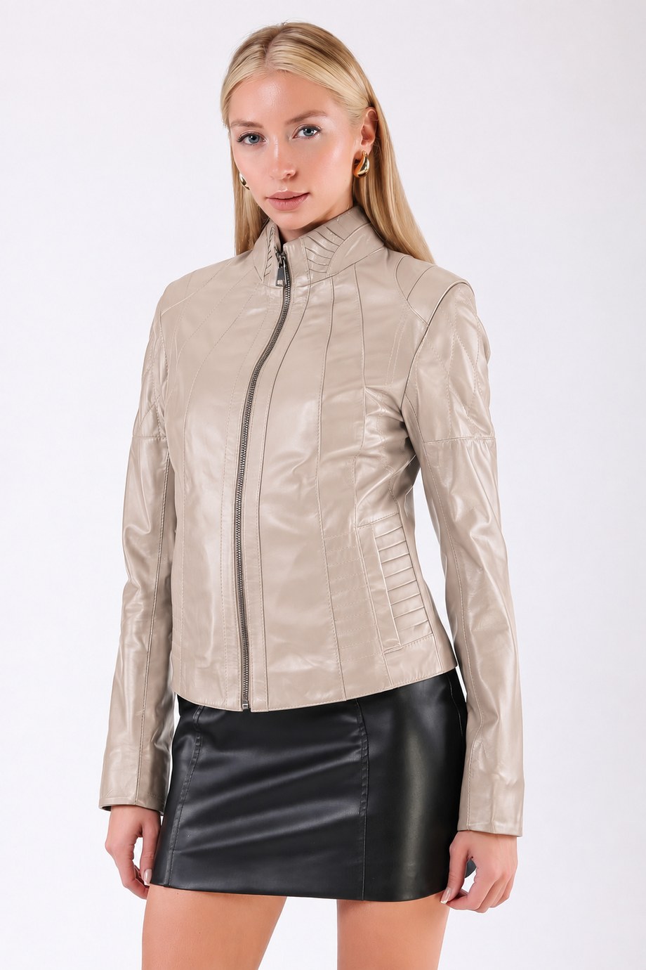Bej Dik Yaka Fitted Deri Ceket, LC Leather Club