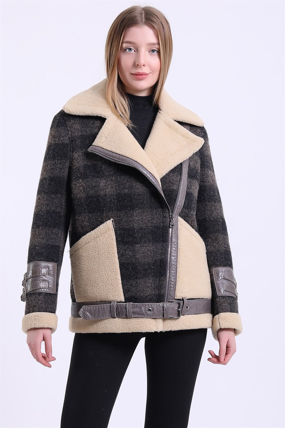 Blazer en laine d'agneau à carreaux beige croisé, LC Leather Club