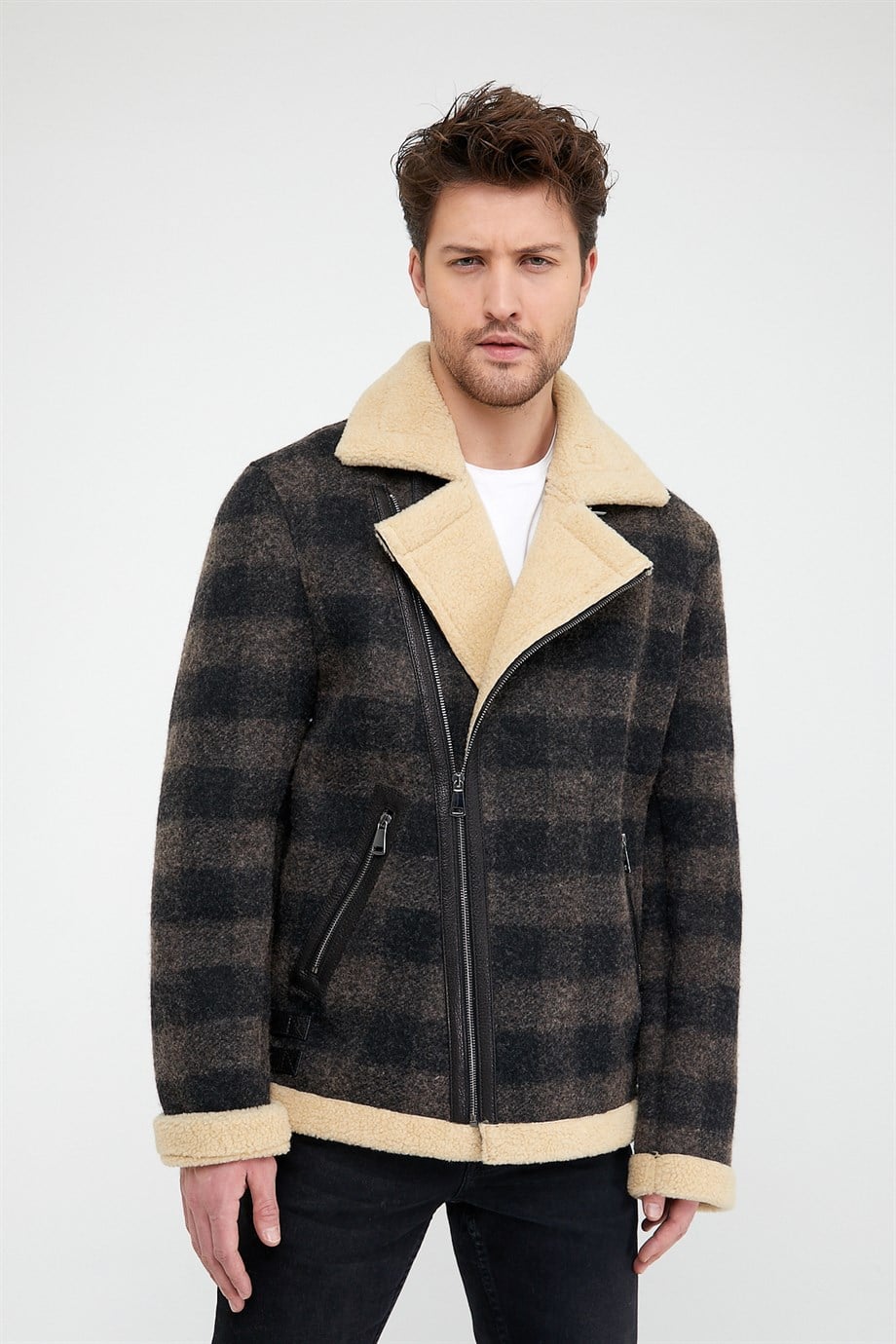معطف صوفي بيج بنقشة الكاروهات, LC Leather Club