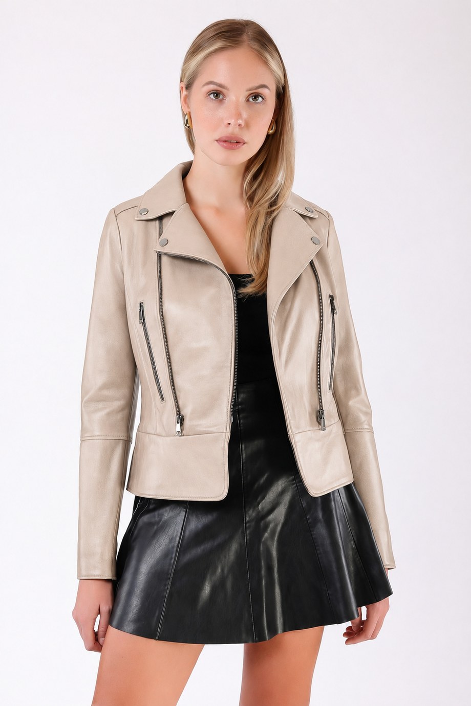 Bej Fitted Kruvaze Deri Ceket, LC Leather Club