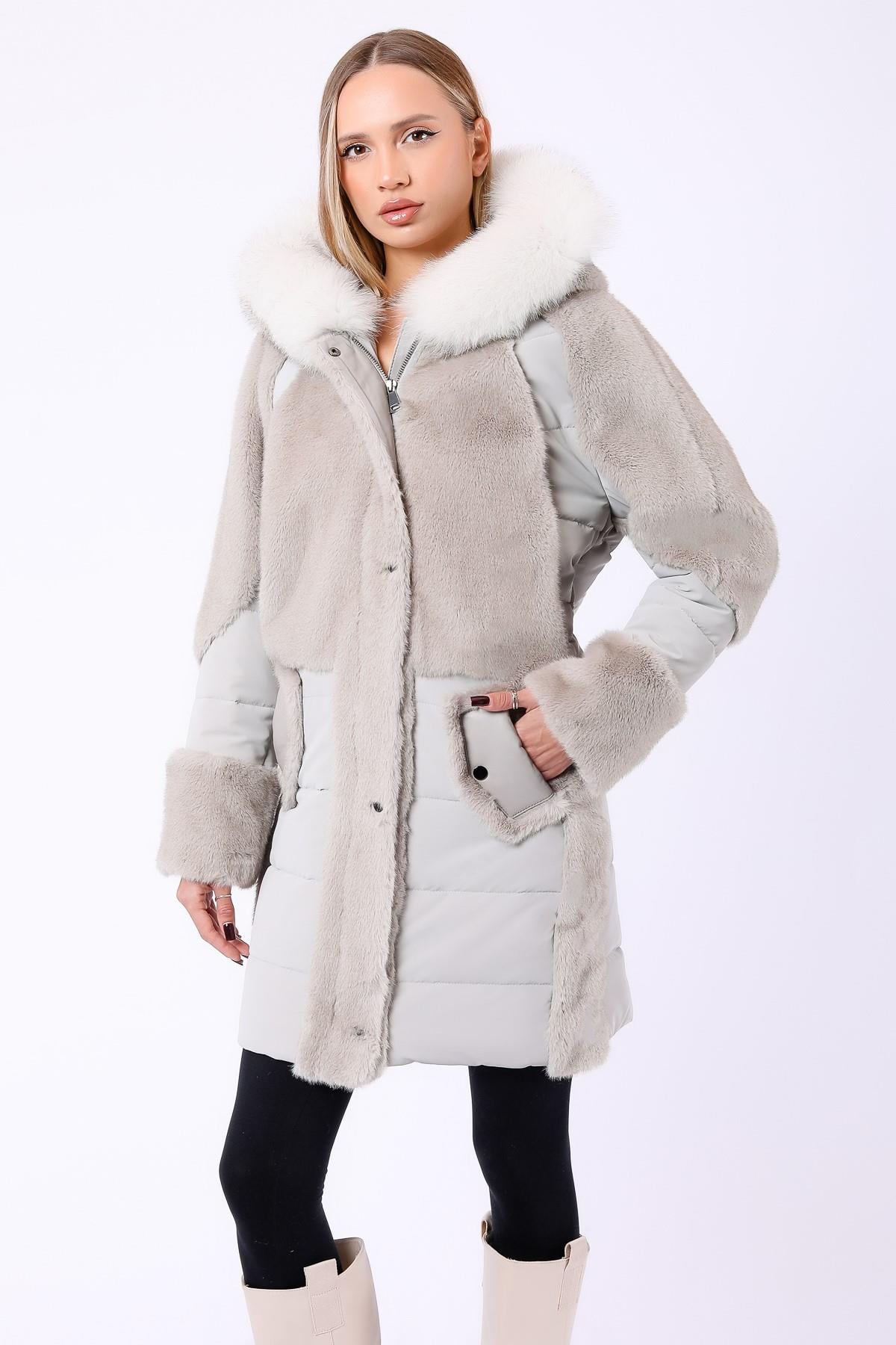Doudoune en laine beige avec accessoires en fourrure de renard et détails en cuir d'agneau véritable, LC Leather Club