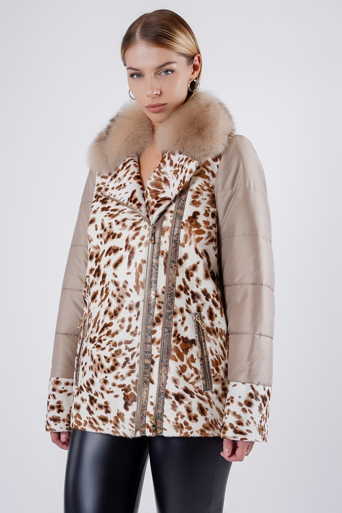 Doudoune beige avec garniture renard et cuir, LC Leather Club