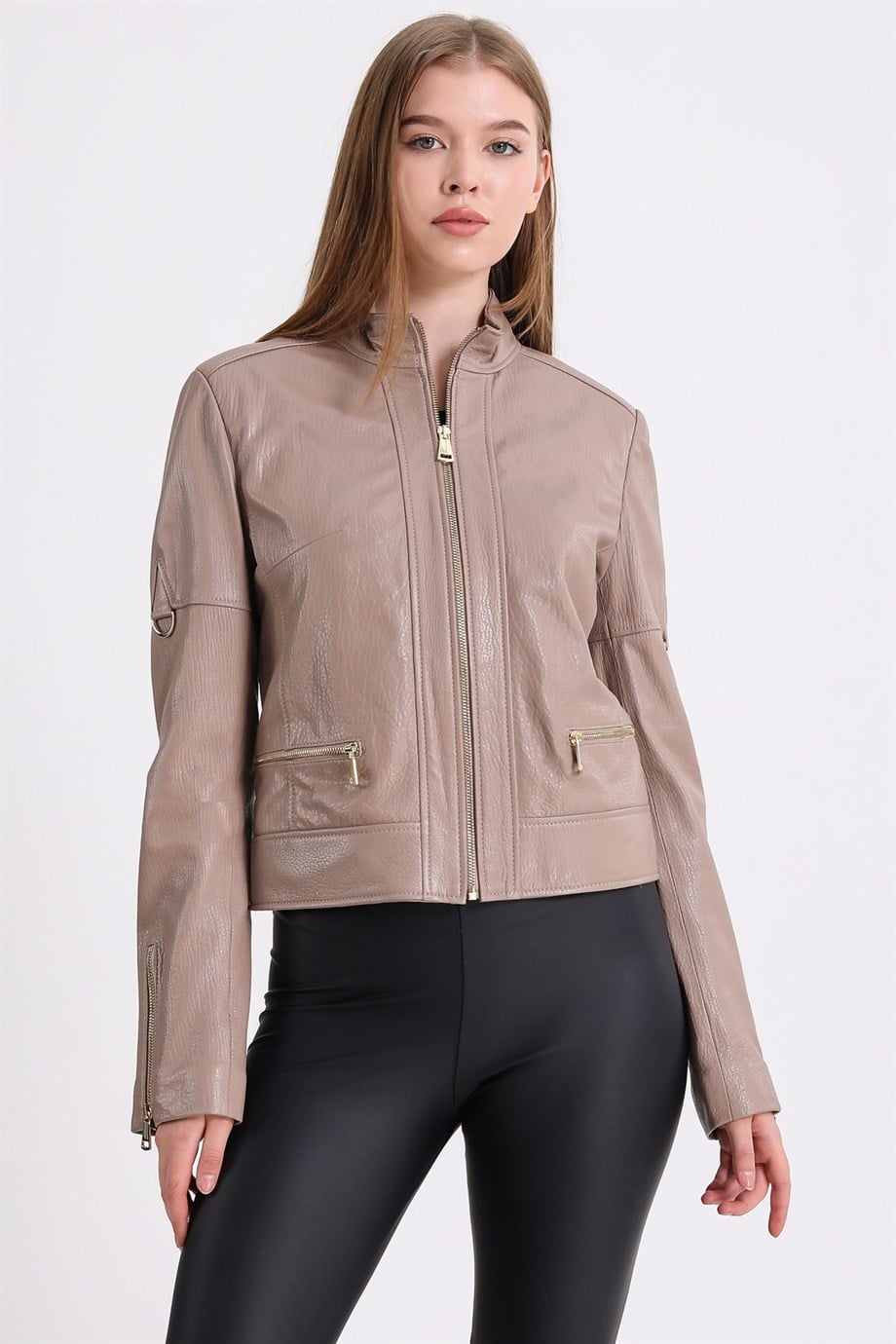 Beige leren jas met gouden jumbo detail, LC Leather Club