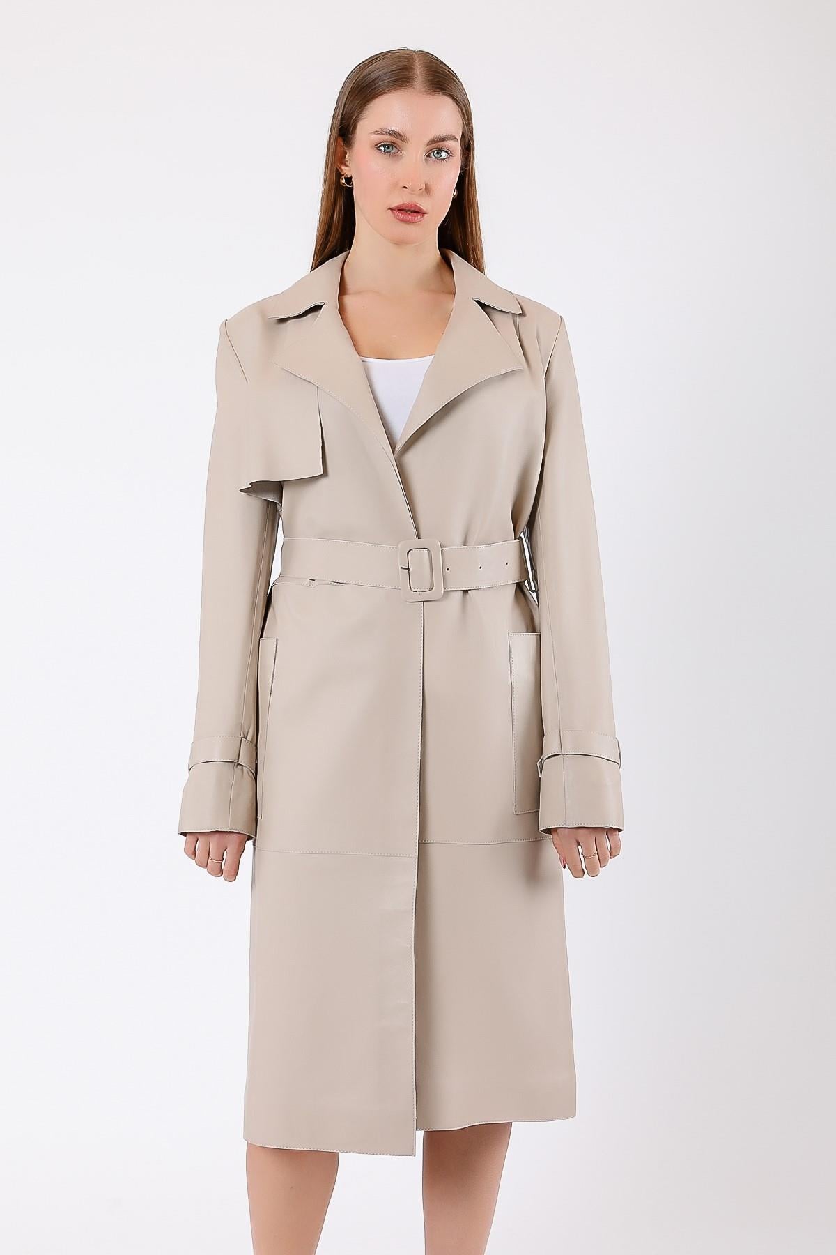 Trench-coat en cuir beige authentique, LC Leather Club