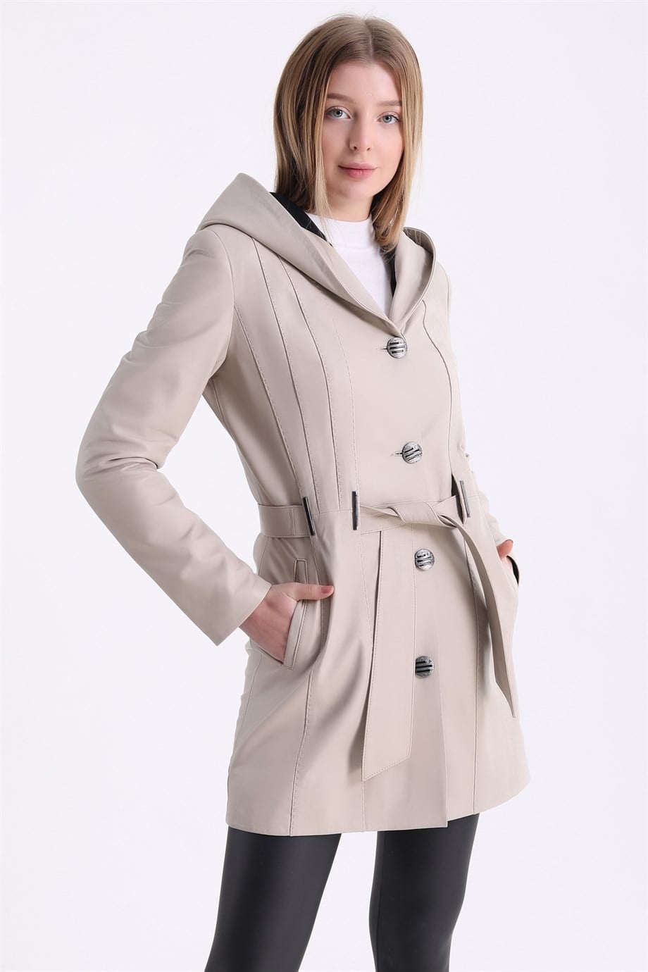 Manteau en cuir beige à capuche, LC Leather Club
