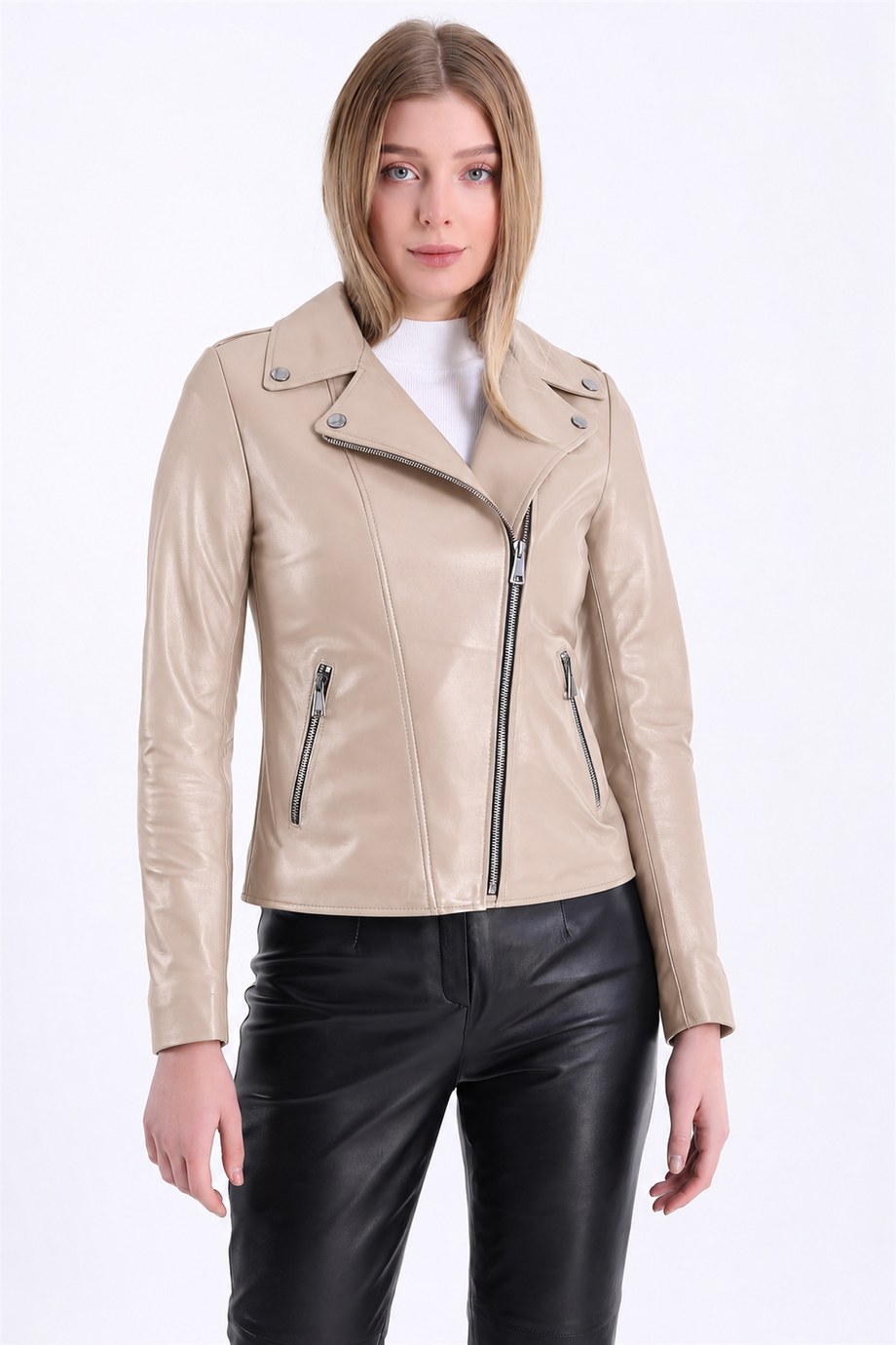 Bej Kemer Aksesuarlı Fitted Deri Ceket, LC Leather Club