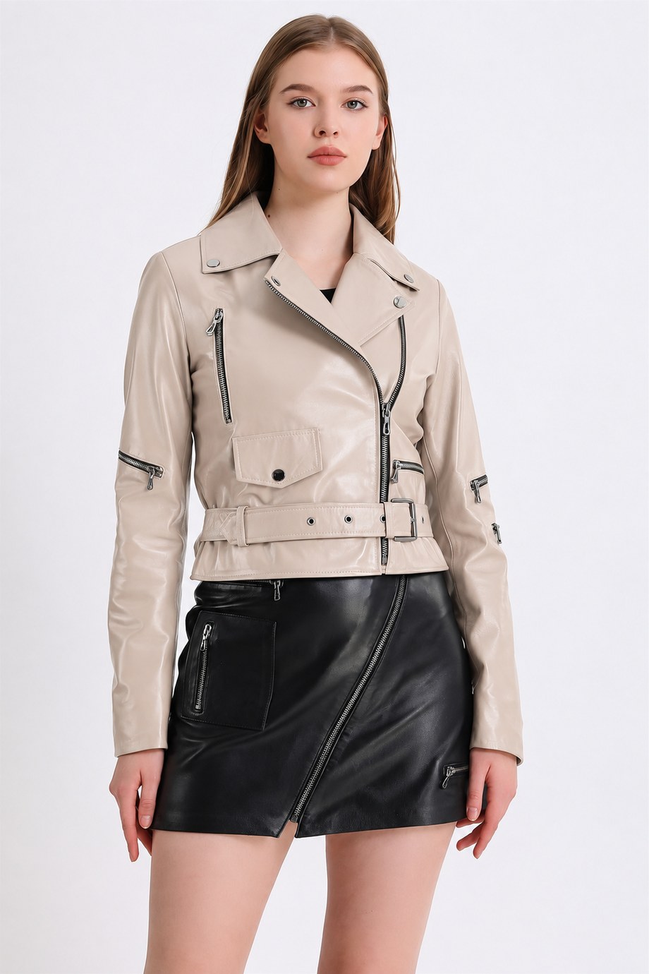 Bej Kruvaze Biker Deri Ceket, LC Leather Club