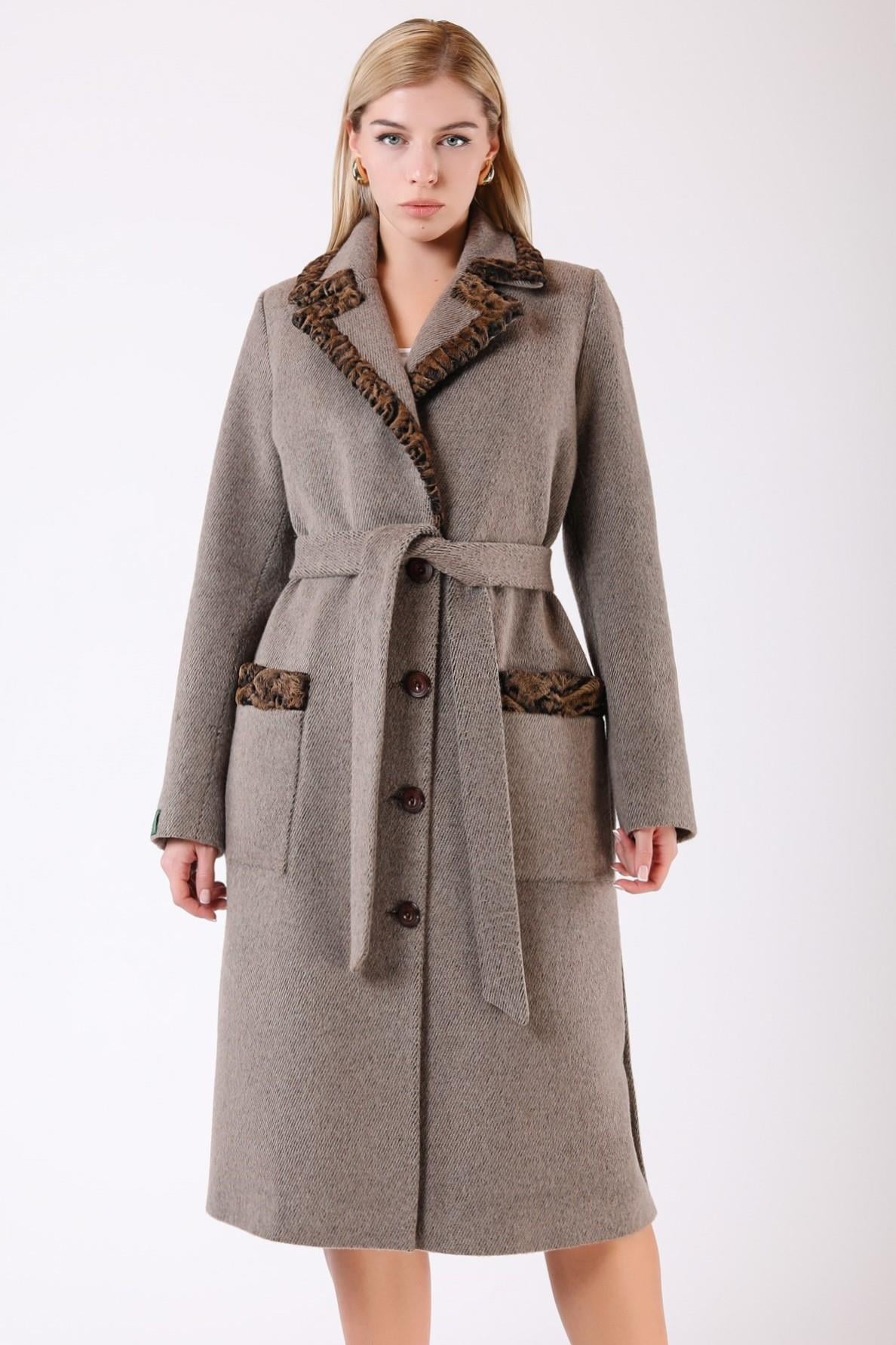 Manteau en alpaga beige avec garniture fourrure, LC Leather Club