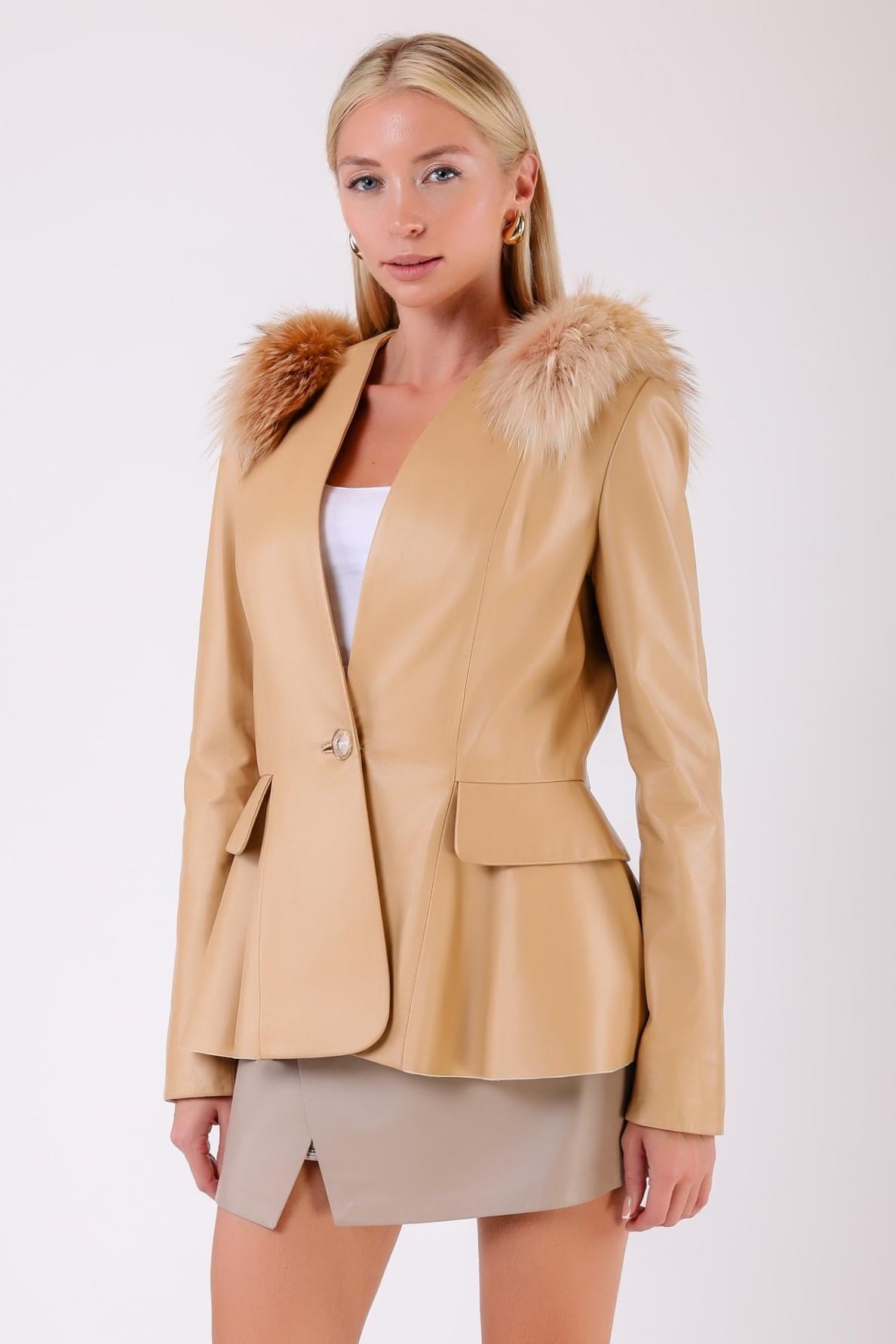 Beigefarbene Lederjacke mit Pelzborten, LC Leather Club