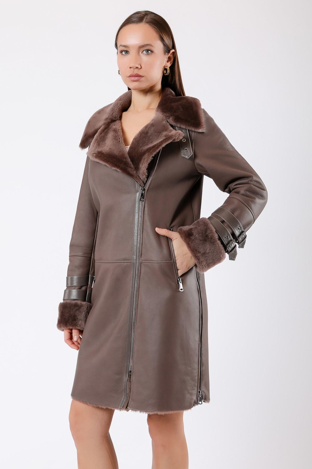 Manteau en cuir doublé de fourrure beige, LC Leather Club