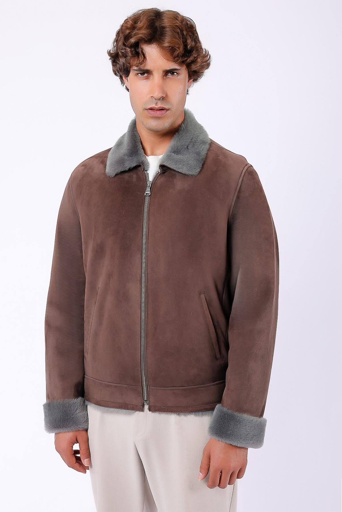 معطف شامواه طبيعي بيج مبطن بالفرو, LC Leather Club