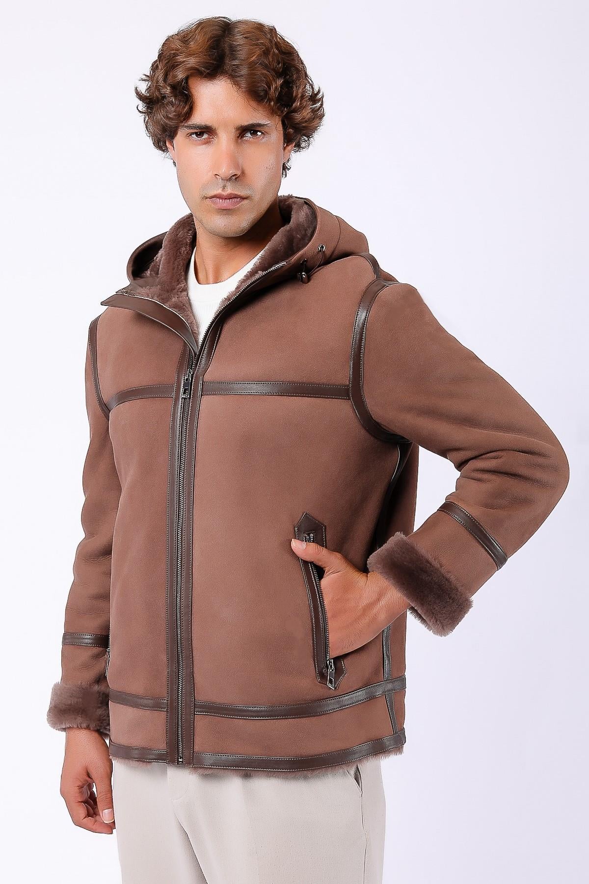 Manteau en daim beige doublé fourrure de renard, LC Leather Club