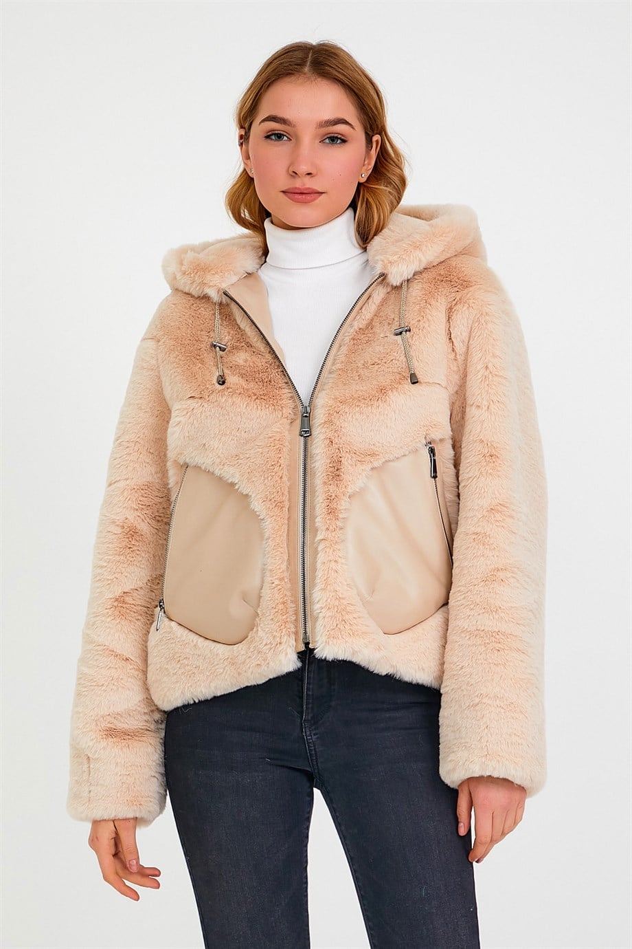 Doudoune beige avec garniture de peau d'agneau, LC Leather Club