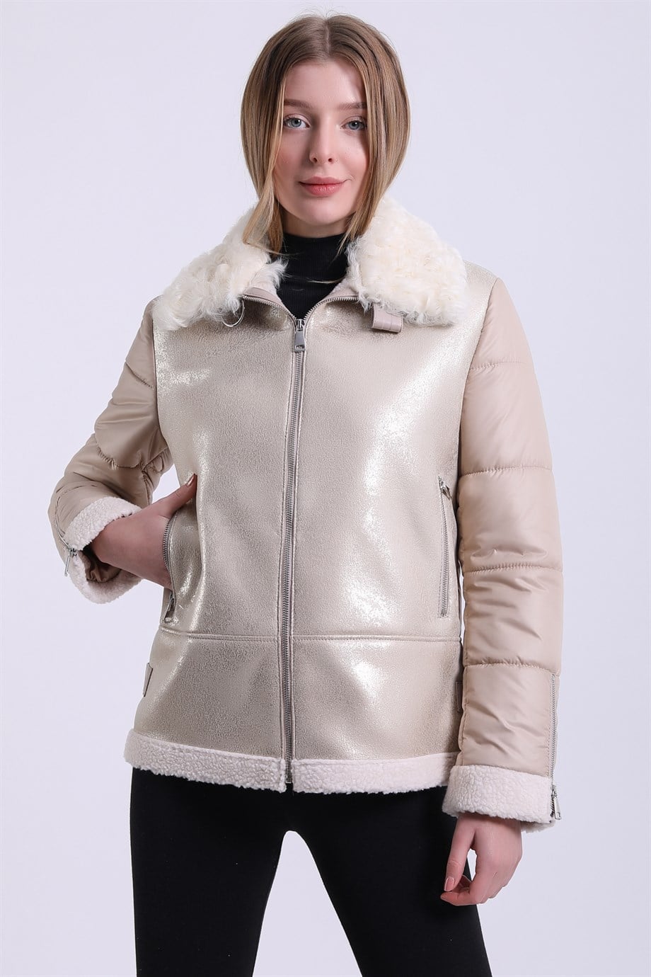 سترة جلدية بيج بفرو حمل الميرينو, LC Leather Club