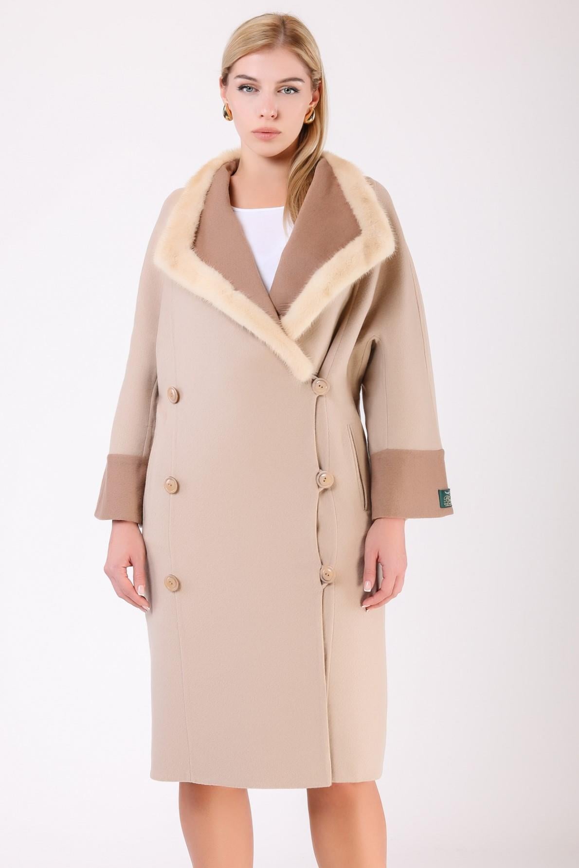 Manteau en alpaga beige avec garniture vison, LC Leather Club