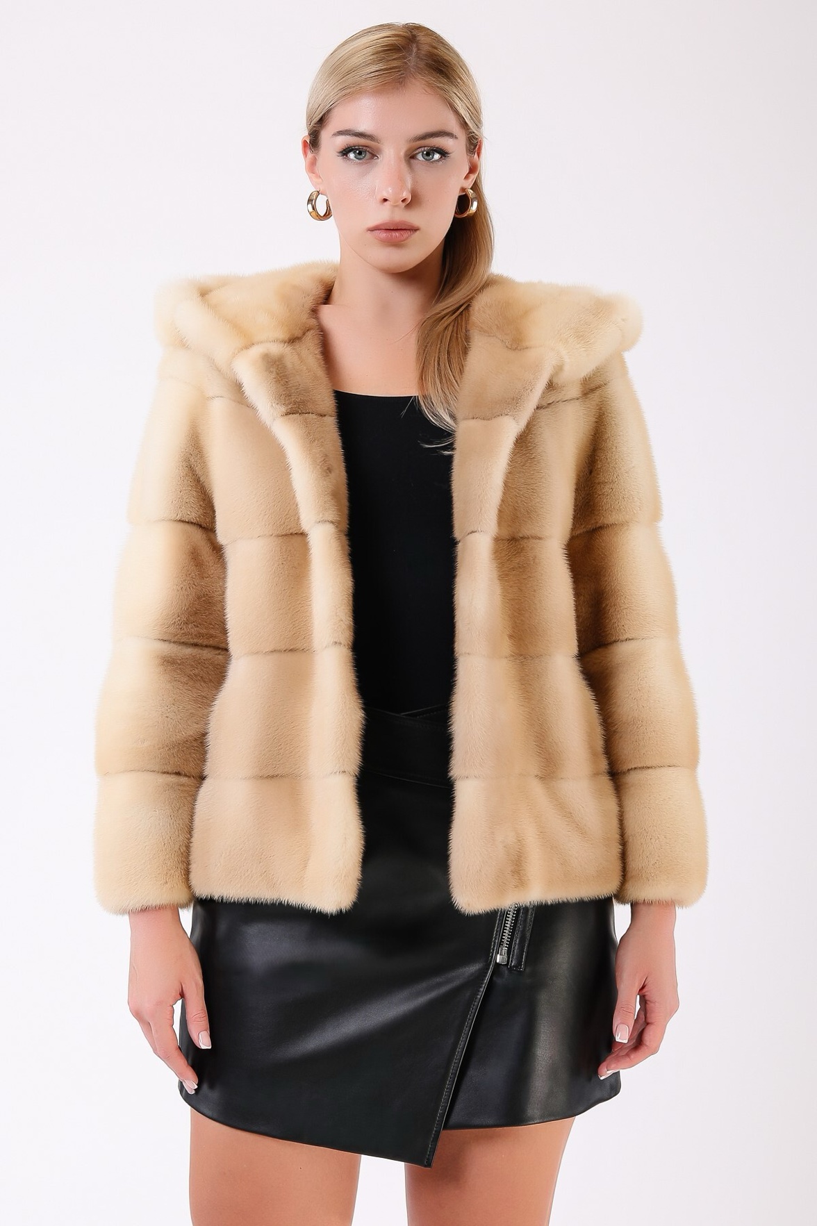 Beżowy płaszcz z norek Pearl z kapturem, LC Leather Club