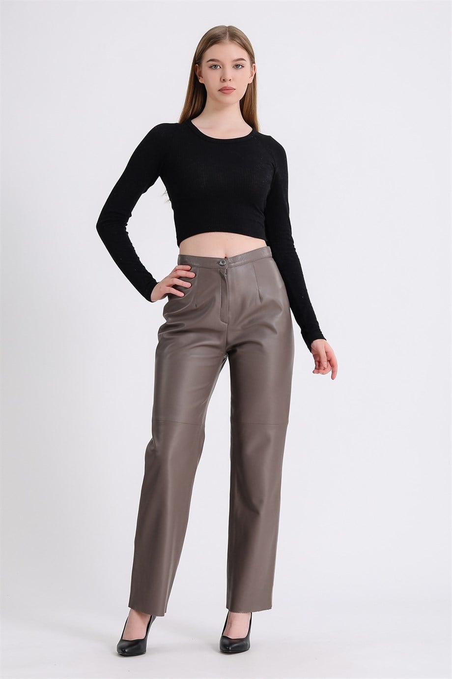 Pantalon en cuir beige coupe régulière, LC Leather Club