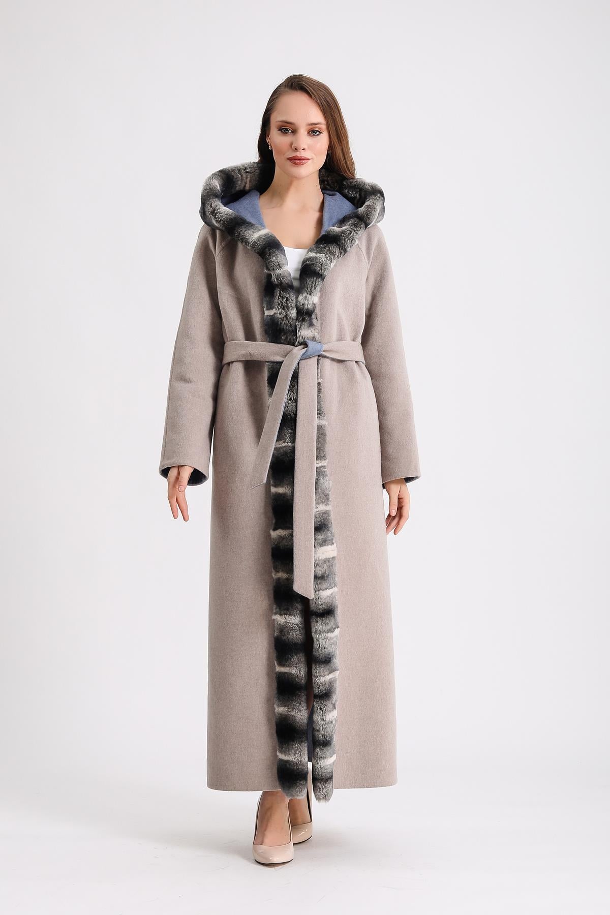 Manteau en alpaga beige avec garniture en fourrure rex, LC Leather Club