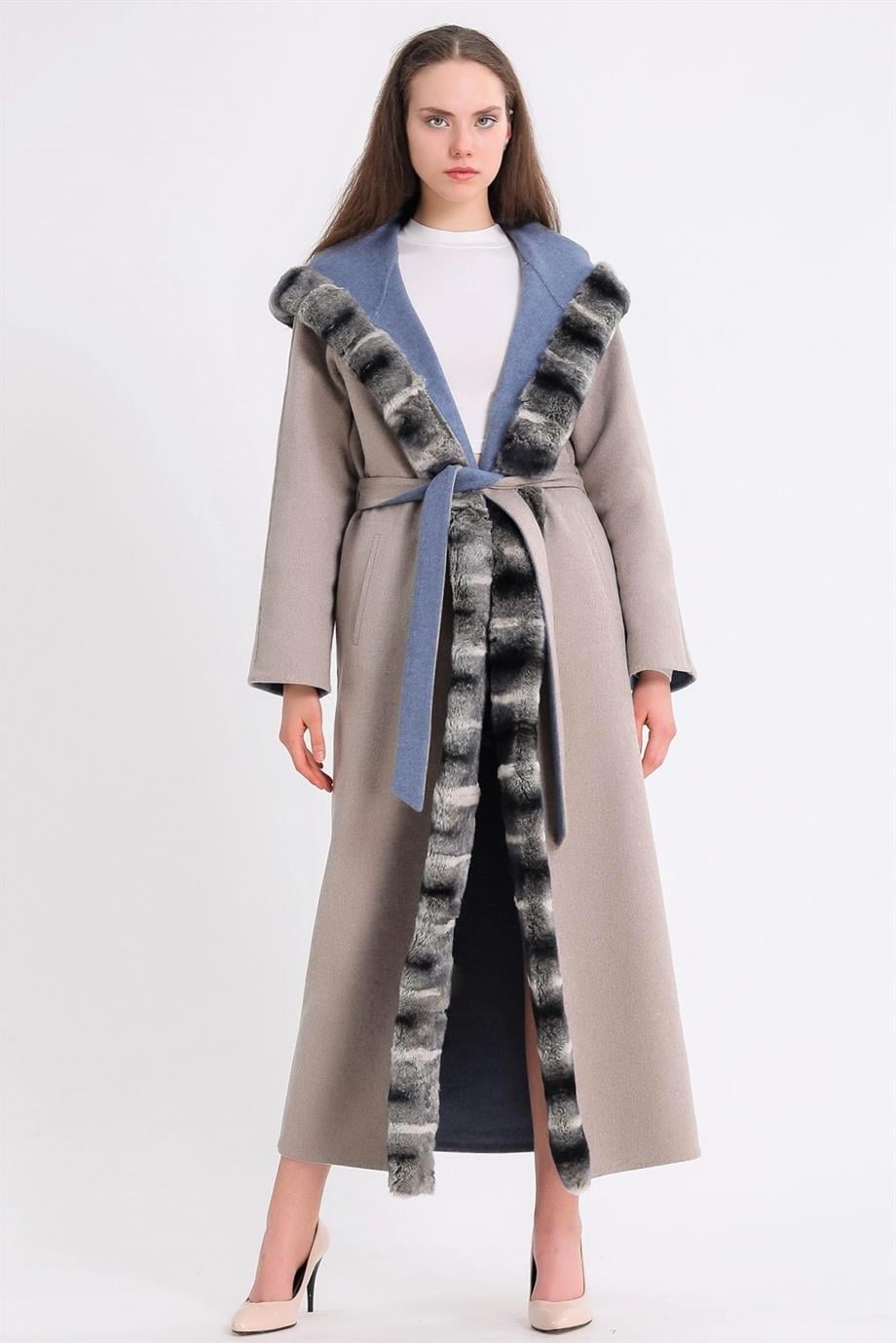 Manteau en alpaga beige avec garniture de fourrure rex, LC Leather Club