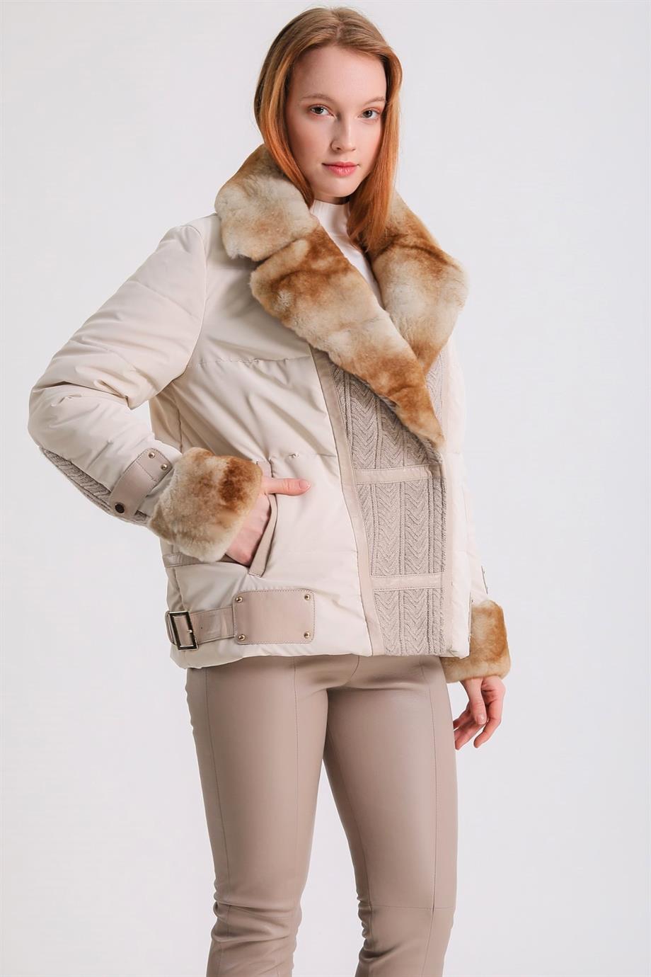 Bej Rex Kürk Garnili Örme Triko Aksesuarlı Puffer Kaban, LC Leather Club