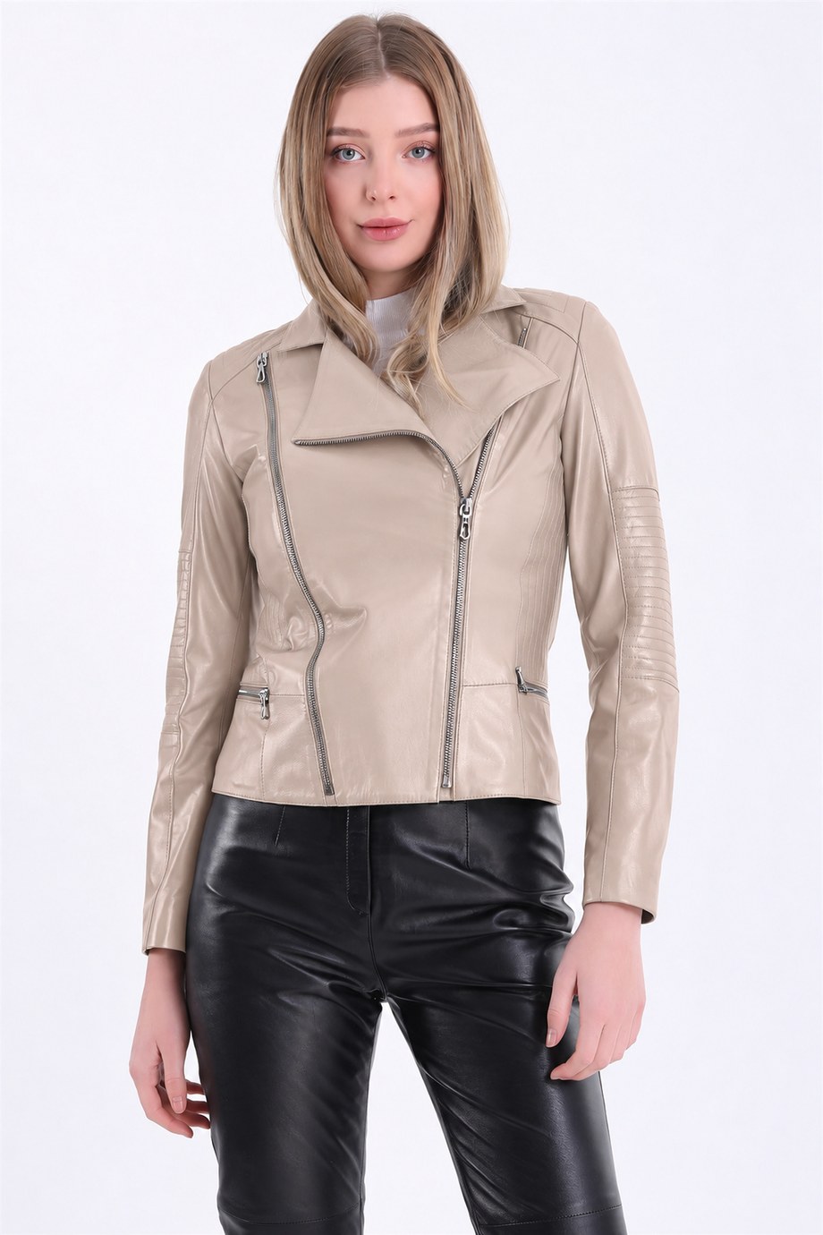 Bej Şerit Detaylı Kruvaze Deri Ceket, LC Leather Club