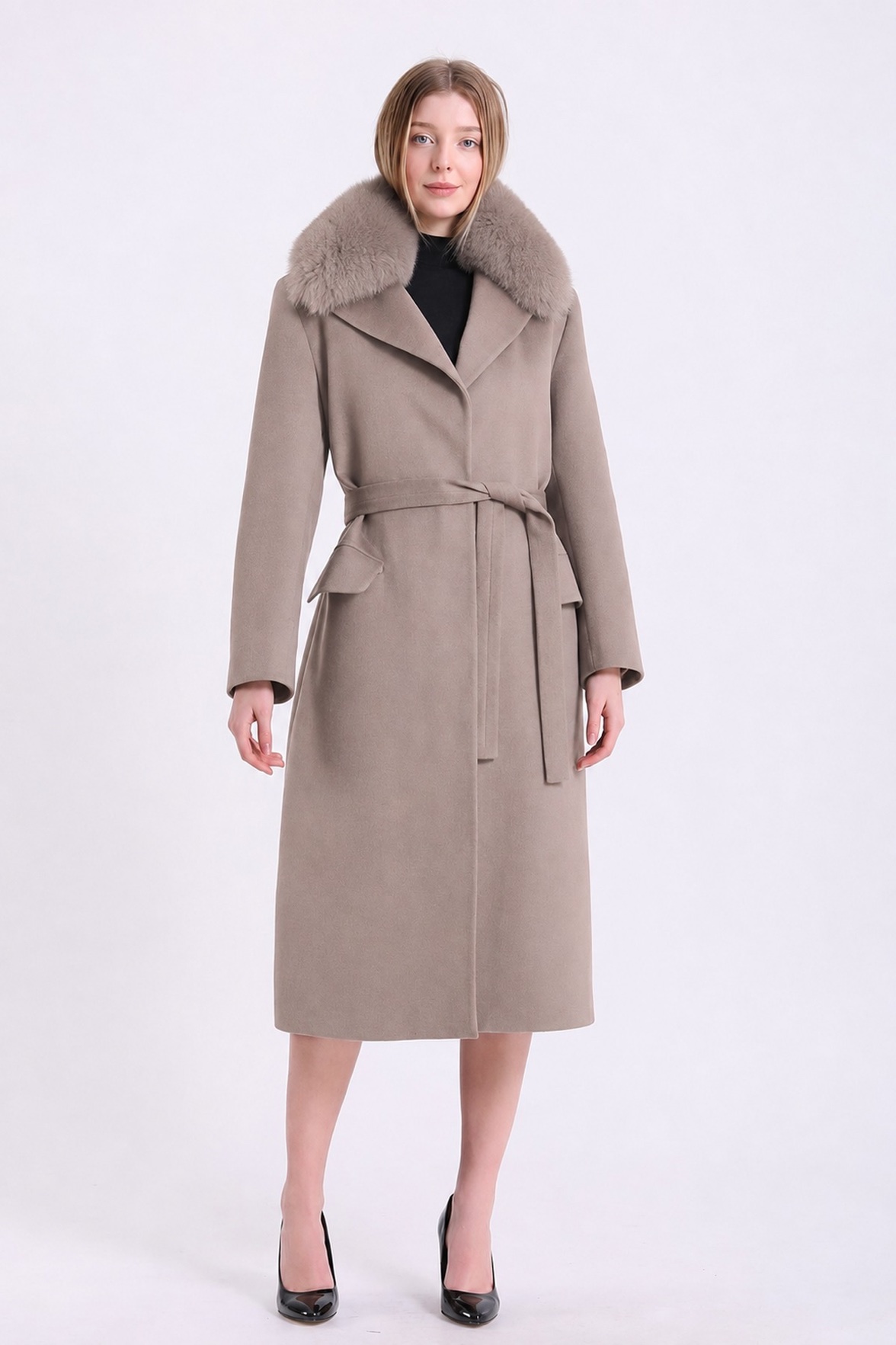 Manteau en cachemire beige avec garniture en fourrure de renard, LC Leather Club