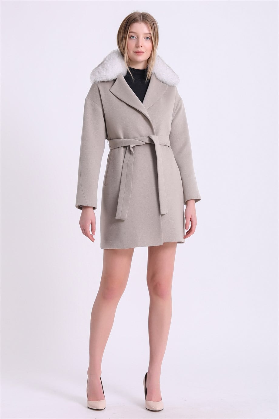 Manteau en cachemire beige garni de fourrure de renard, LC Leather Club