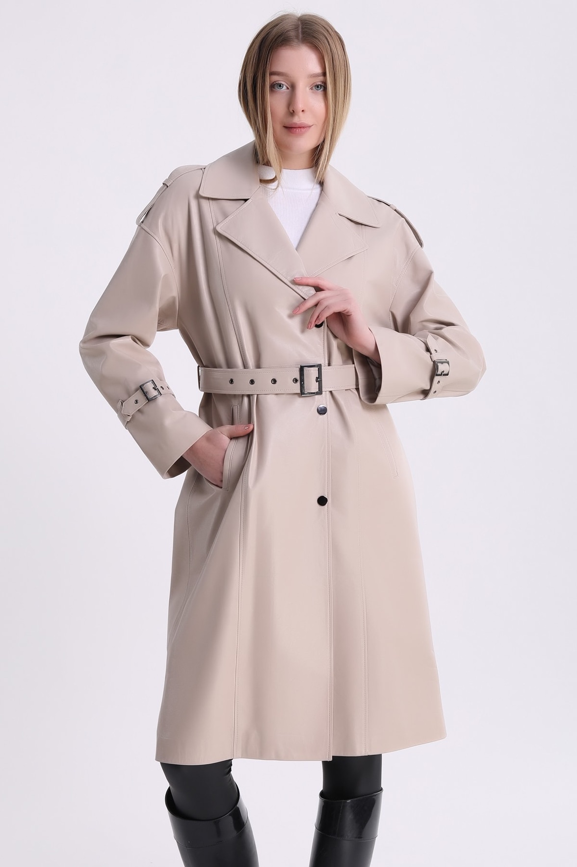 Beżowa skórzana kurtka w stylu trencza, LC Leather Club