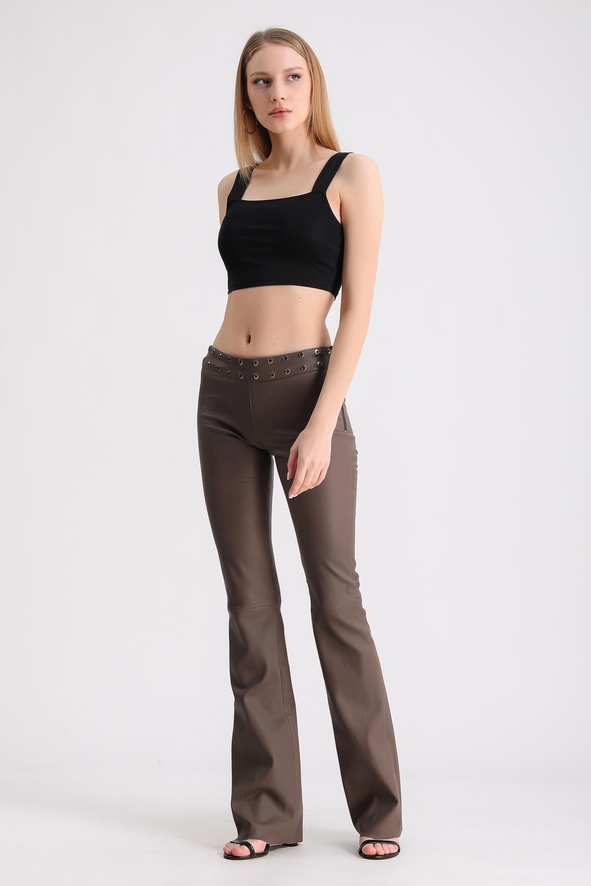 Beige Studded Leather Trousers, LC Leather Club