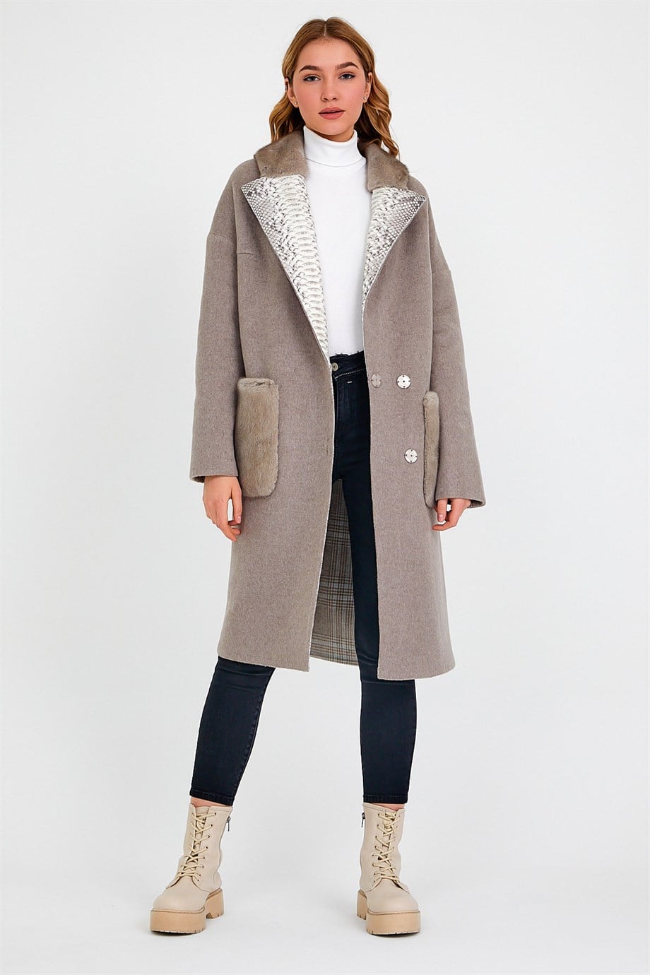 Beige Alpaca Coat with Mink Fur and Python Leather Trim, LC Leather Club