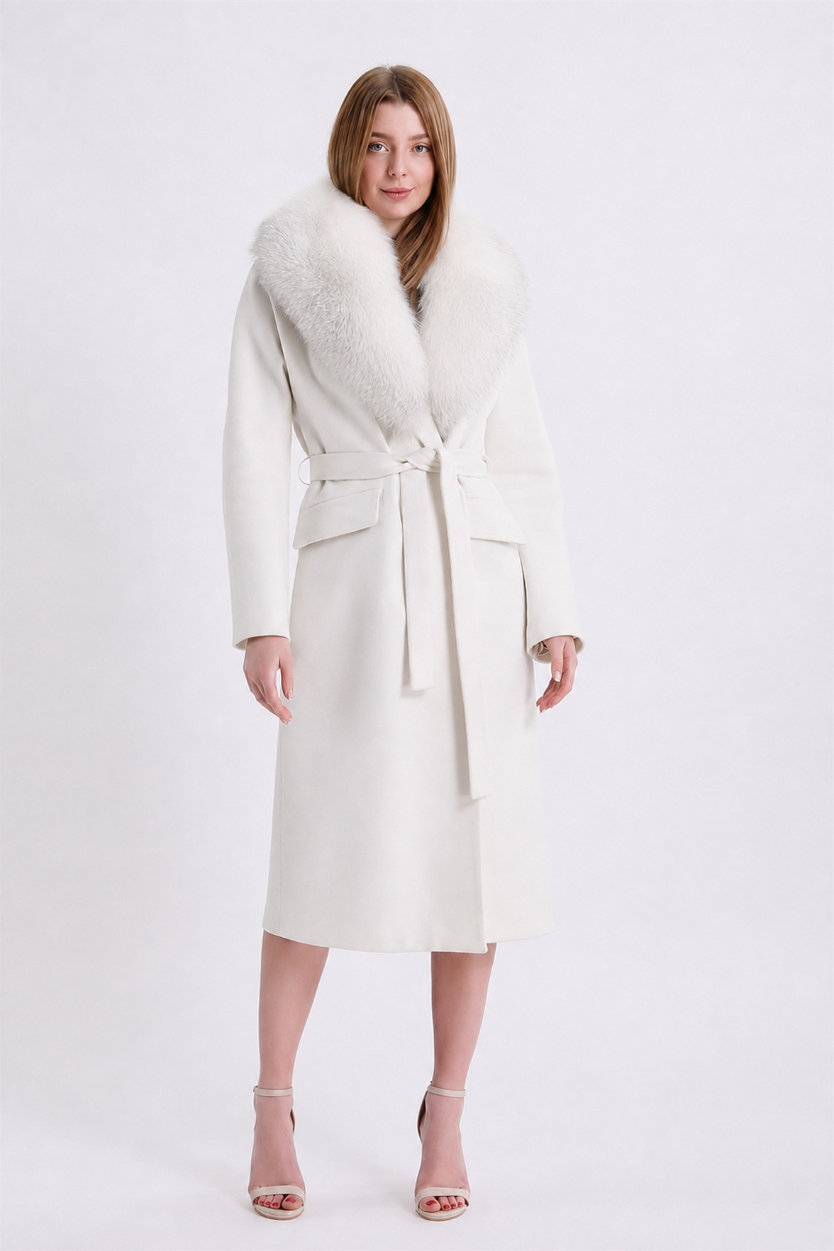 Manteau en cachemire blanc avec détails en renard Argento, LC Leather Club
