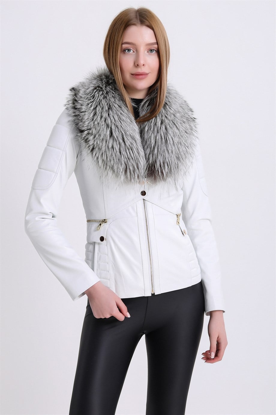 Veste-gilet en peau d'agneau blanc avec garniture fourrure renard, LC Leather Club