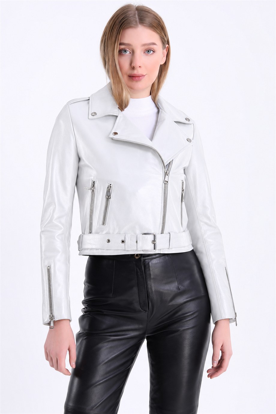 Beyaz Biker Deri Ceket, LC Leather Club