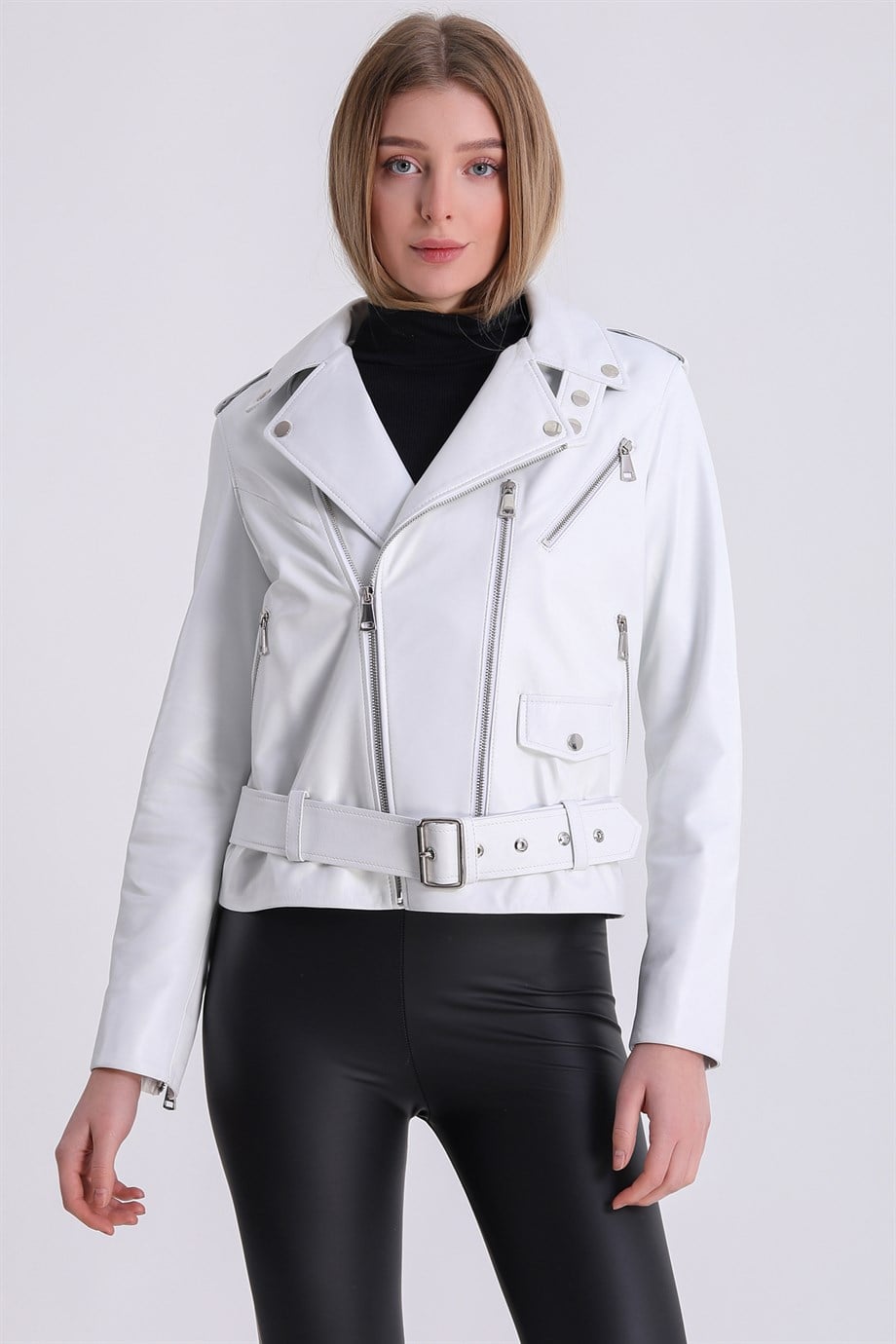 Veste en cuir blanc style biker, LC Leather Club
