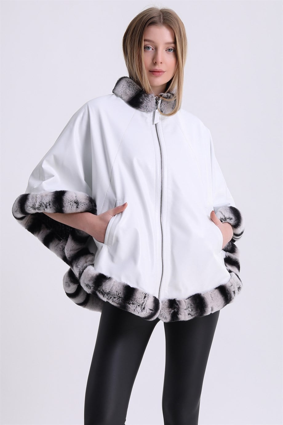 Witte leren jas met dubbelzijdige rexbont afwerking en cape, LC Leather Club