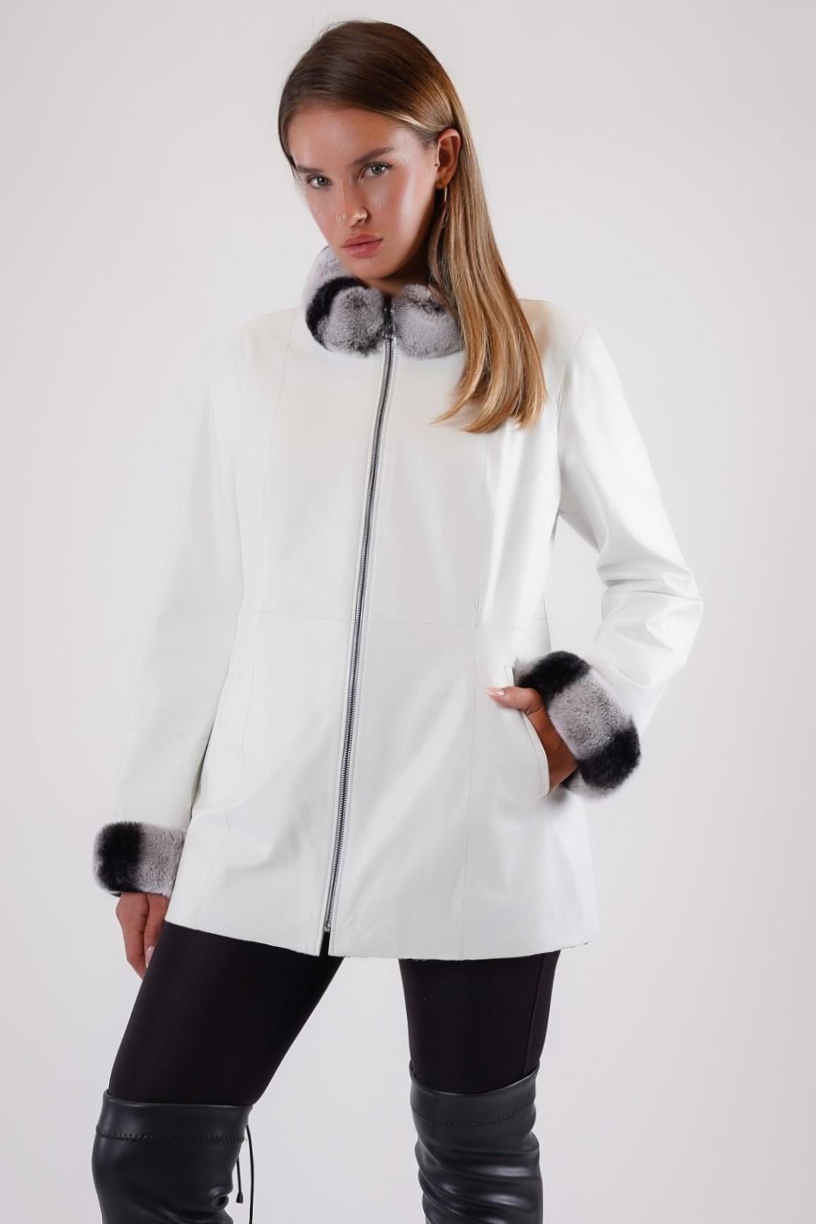 Weiße Lederjacke mit zweiseitigem Rexkaninchen-Besatz, LC Leather Club
