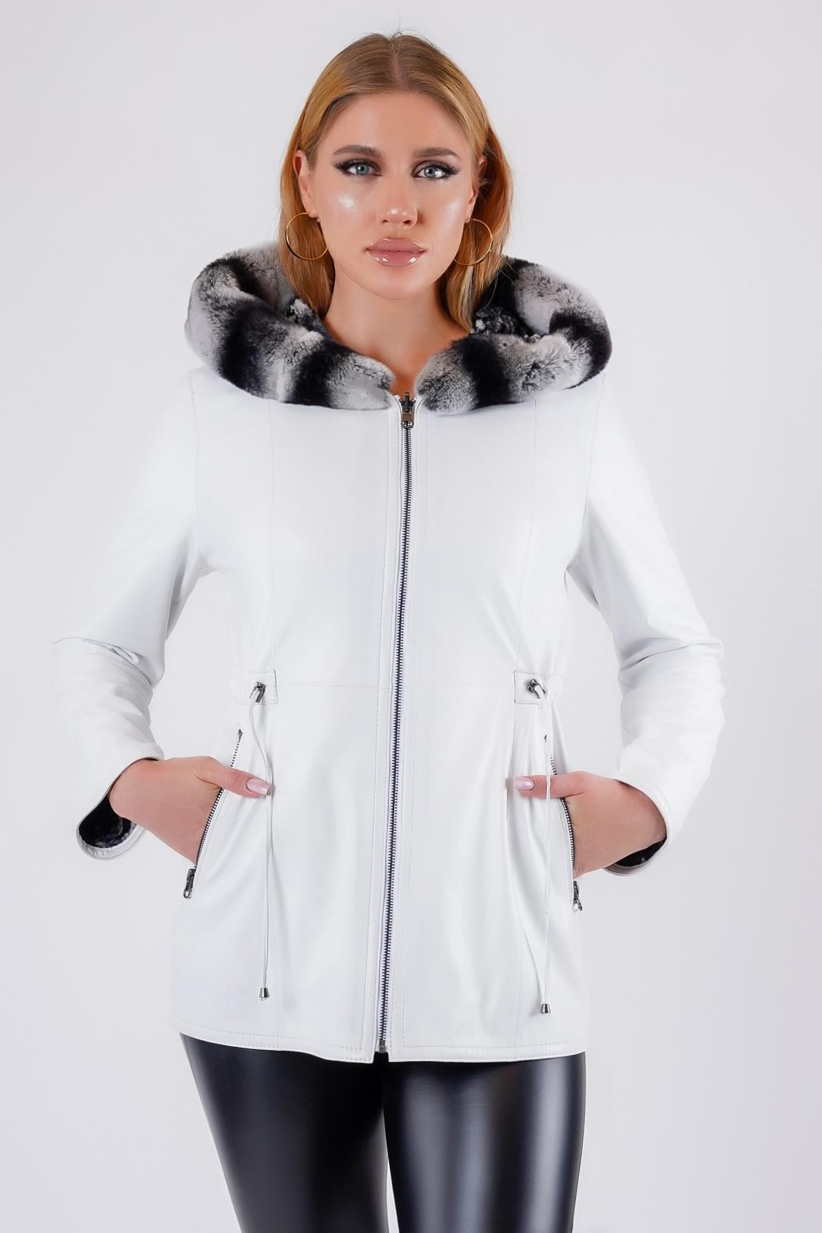 Weiße Lederjacke mit zweiseitigem Rexkaninchen-Besatz, LC Leather Club
