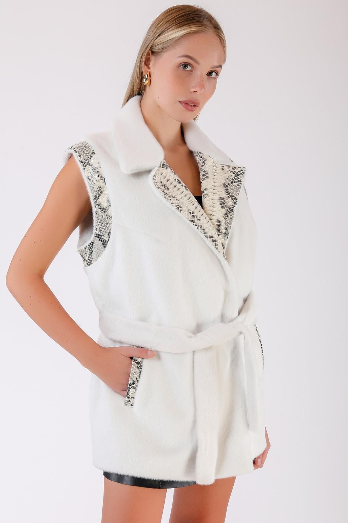 White Wool Vest with Leather Detail, LC Leather Club